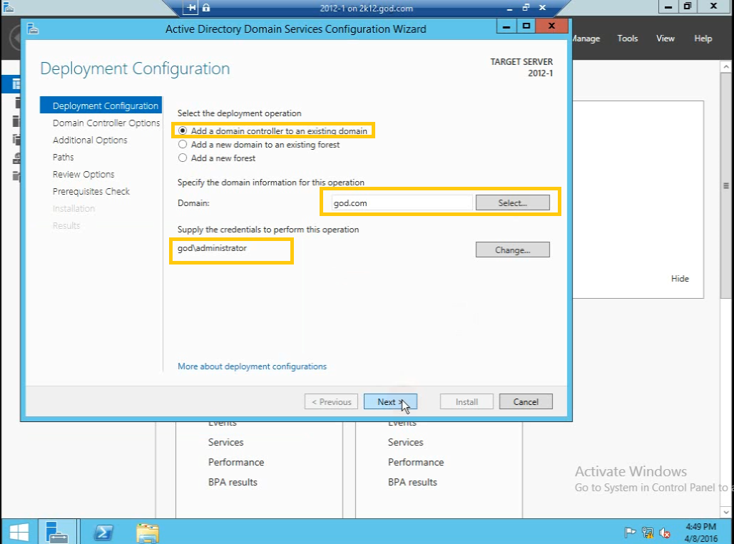 domain and credential selection