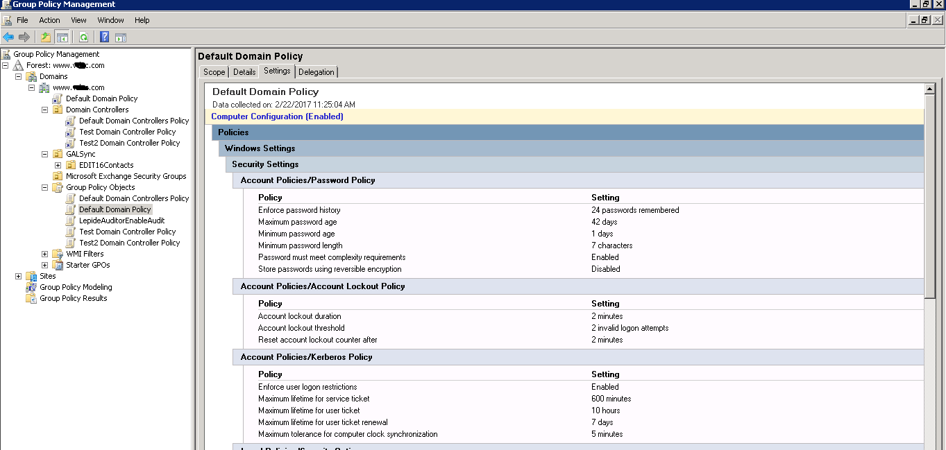 default values of policy settings